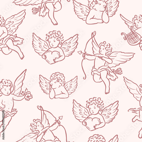 Hand drawn whimsical cupids seamless pattern