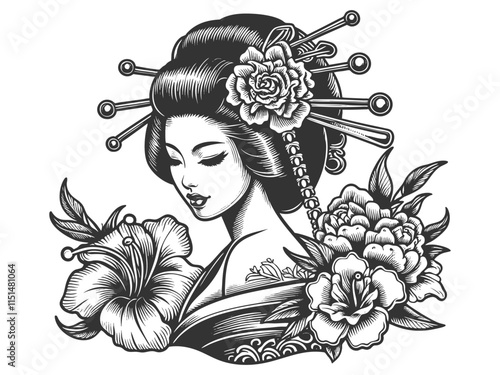 geisha in traditional kimono, surrounded by detailed blooming flowers and foliage sketch engraving generative ai fictional character vector illustration. Scratch board imitation. Black and white image