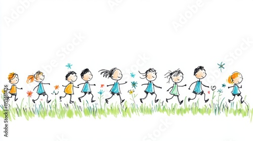 Playful Children Running in a Colorful Field with Flowers and Sunshine, Cheerful and Joyful Illustration