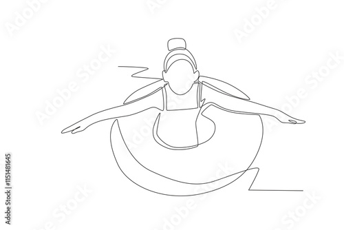 Little girl in a swimming ring. Water park concept one-line drawing