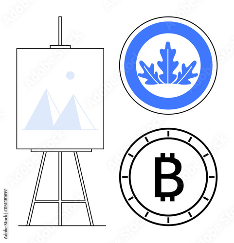 Abstract geometric art on an easel next to an eco-symbol with leaves, and a Bitcoin icon. Ideal for finance, technology, eco-friendly initiatives, art displays, educational content, minimalistic