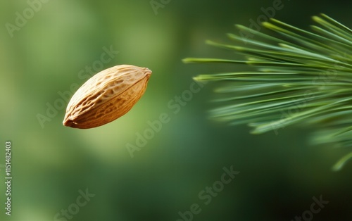 A single pine nut levitating mid-air with motion blur, set against a green pine-needle background