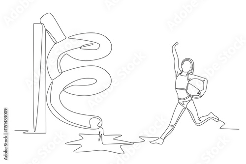 Happy little girl playing in water park. Water park concept one-line drawing