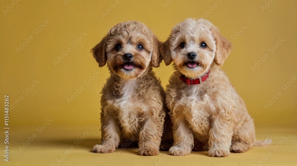 two cute maltipoo puppies posing on bright yellow background two cute maltipoo puppies posing on bright yellow background