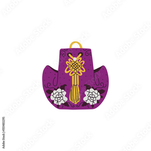 Vector illustration of korean lucky bag, purple color with pockets. Traditional asian amulet.