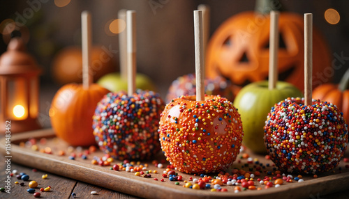 Good food caramel apples with sprinkles at a Halloween party photo