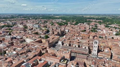 Landmarks of Italy - beautiful medieval town Ferrara in Emilia Romagna. Aerial drone view of historic center with castle and duomo. High quality footage in 4k format