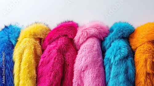 Colorful faux fur coats hanging in a row.