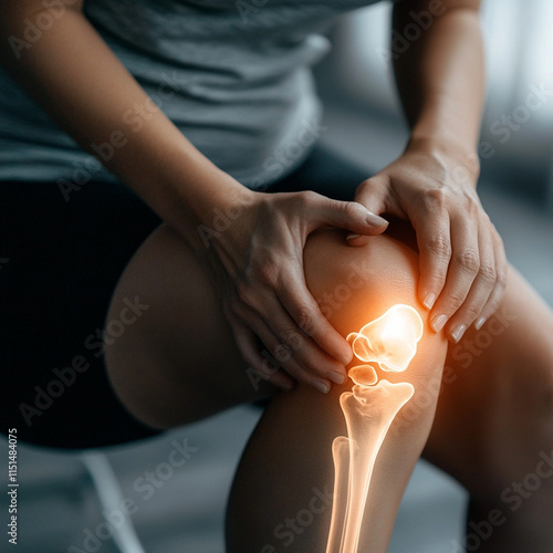 Woman Experiencing Knee Pain with Bone Outline Highlighted