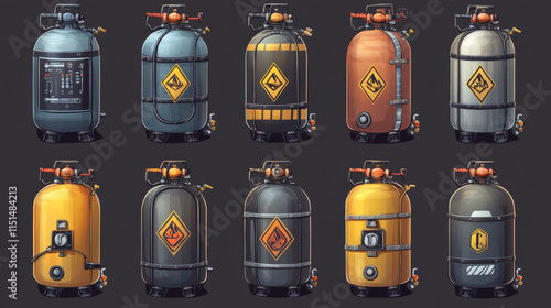 Gas cylinders icons. Petroleum safety fuel metal tank of helium butane acetylene vector cartoon objects isolated. Equipment for safe butane and propane, oxygen balloon illustration