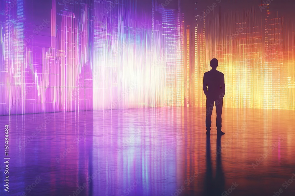 A Business Person Stands in a Dimly Lit Room Facing a Glowing Wall of Monitors Displaying Global Market Downtrends with Moody Lighting Effects A Business Person Stands in a Dimly Lit Room Facing a Glowing Wall of Monitors Displaying Global Market Downtrends with Moody Lighting Effects