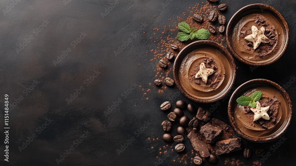 Delicious chocolate mousse garnished with chocolate shavings and fresh mint on a Mocha Mousse colored backdrop. Banner. Copy space. Flat lay. Top view Delicious chocolate mousse garnished with chocolate shavings and fresh mint on a Mocha Mousse colored backdrop. Banner. Copy space. Flat lay. Top view