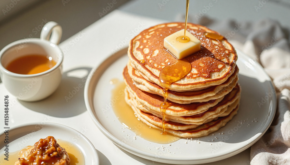 Good food buttery pancakes with golden syrup drizzle and morning tea Good food buttery pancakes with golden syrup drizzle and morning tea