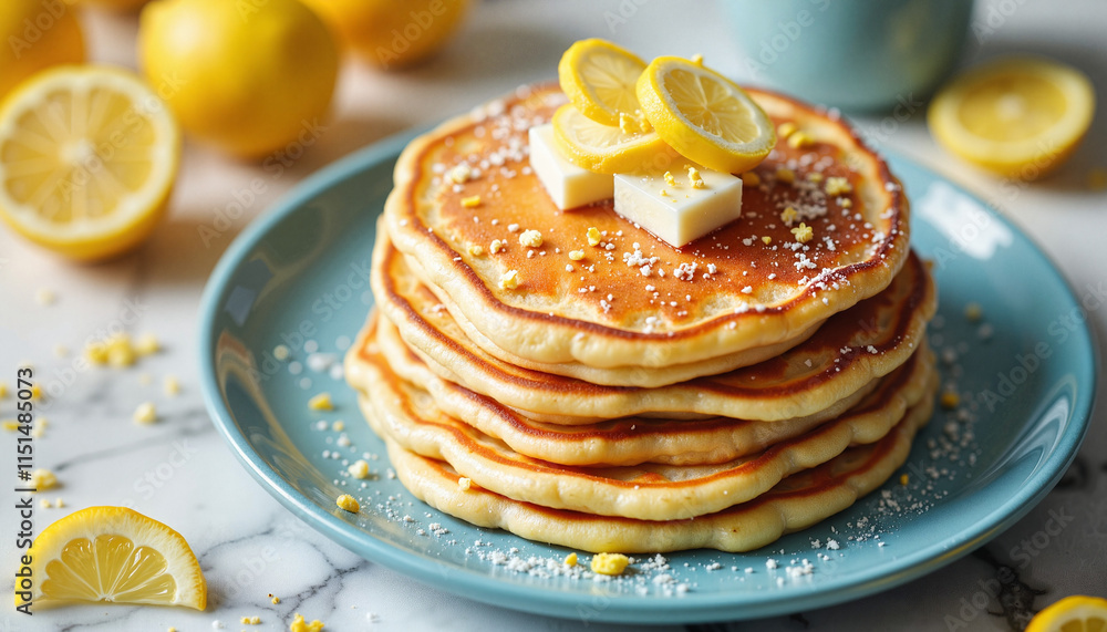 Good food lemon pancakes with butter and zest on a blue plate Good food lemon pancakes with butter and zest on a blue plate