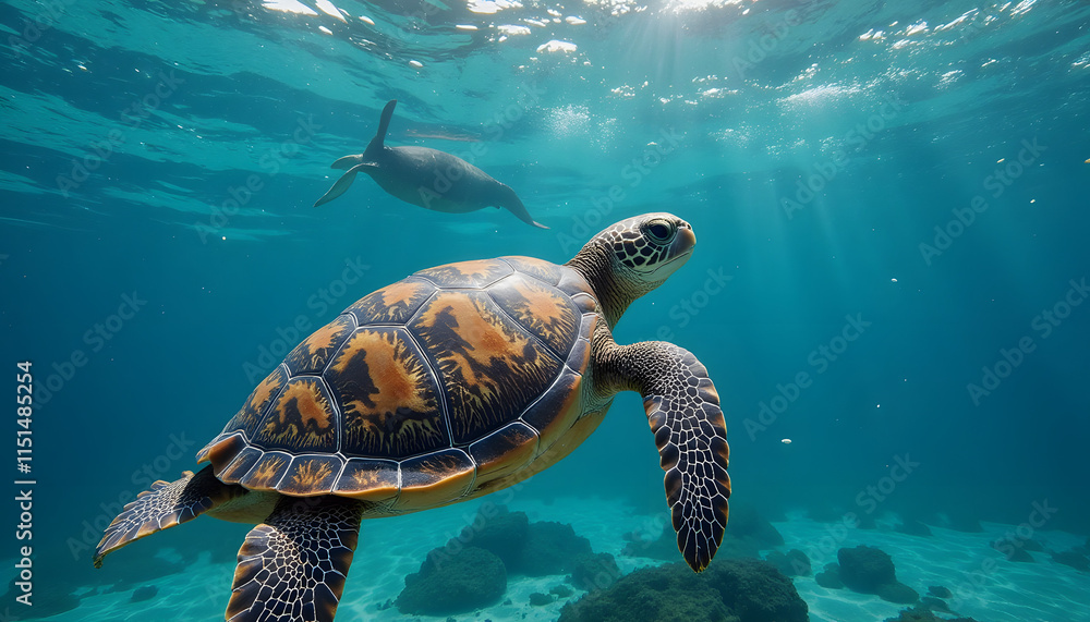 Fototapeta premium Shimmering Sea Turtle Texture with Realistic Patterns in Clear Ocean Waters with Soft Lighting