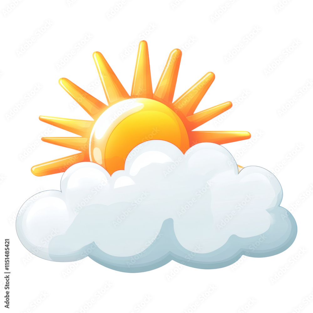 Sunny cloud icon, cheerful design, bright sun peeking through fluffy cloud, ideal for weather apps or cheerful graphics, transparent background Sunny cloud icon, cheerful design, bright sun peeking through fluffy cloud, ideal for weather apps or cheerful graphics, transparent background