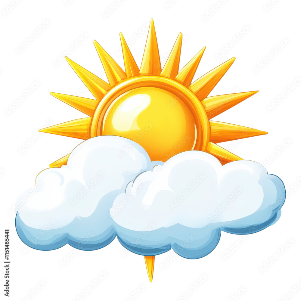 Sunny Cloud Icon, a vibrant cloud symbol featuring a bright sun, designed with a transparent background for versatile use. Sunny Cloud Icon, a vibrant cloud symbol featuring a bright sun, designed with a transparent background for versatile use.