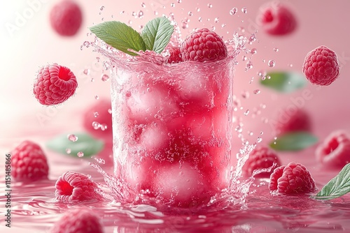 A glass of pink raspberry juice with ice cubes