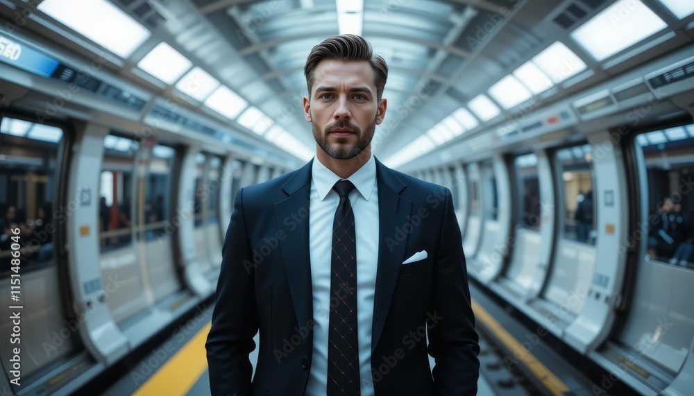 Confident businessman in a suit standing in a modern subway station Confident businessman in a suit standing in a modern subway station
