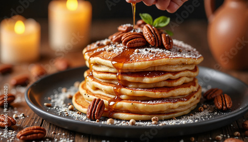 Good food pecan pancakes with caramel and syrup in cozy lighting photo