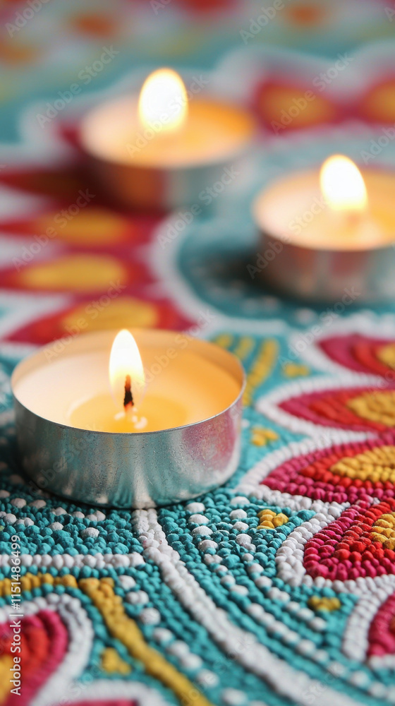Close up of glowing candles on intricate rangoli patterns, creating warmth Close up of glowing candles on intricate rangoli patterns, creating warmth