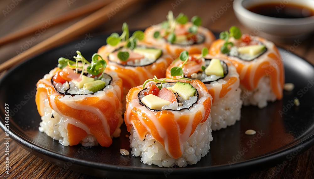 Good food fresh sushi rolls with salmon, avocado, and delicate garnishes
Good food fresh sushi rolls with salmon, avocado, and delicate garnishes