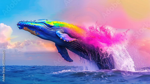 Rainbow-colored whale breaching out of the water in the ocean photo