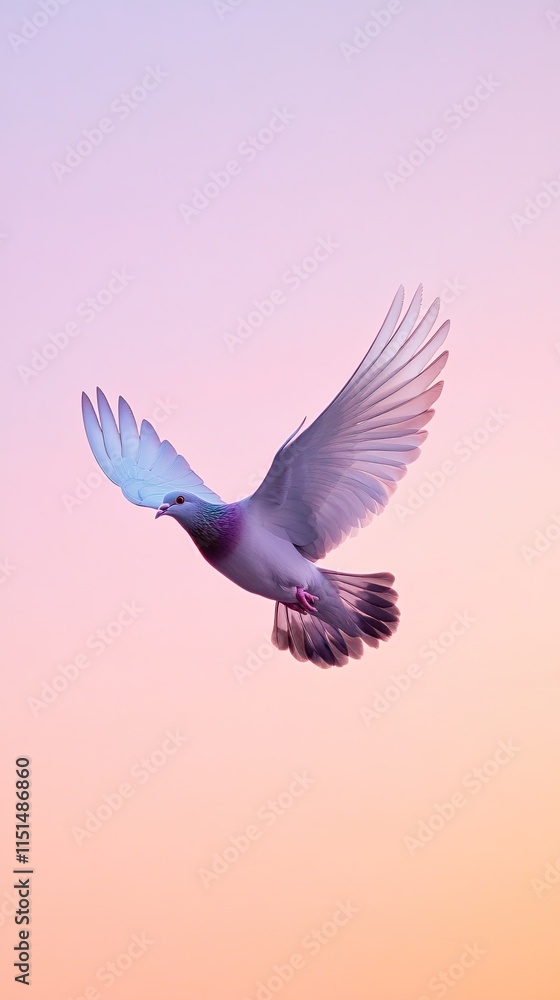 Obraz premium Dove in flight against a pastel sky.