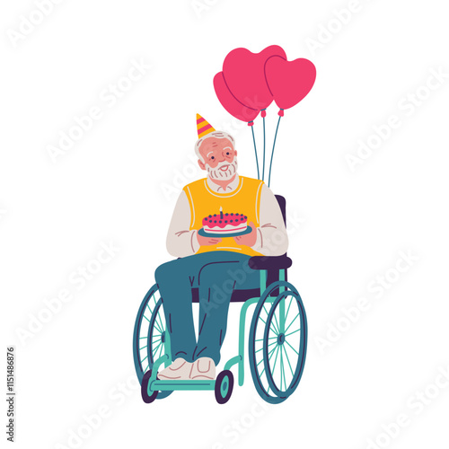 Vector illustration of an elderly man in a wheelchair holding a cake and balloons.