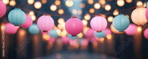 Colorful lanterns illuminate festive street, creating magical atmosphere photo