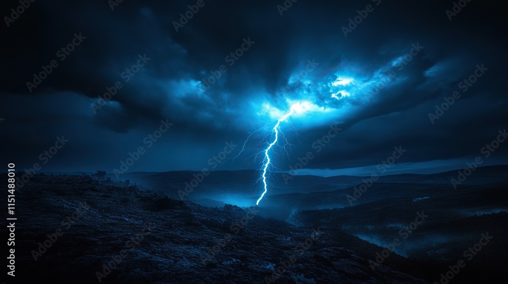 Dramatic lightning strike over dark landscape at night. Dramatic lightning strike over dark landscape at night.