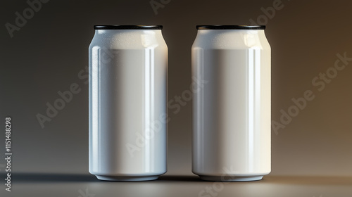 white beer can with sleek black top, minimalist design on neutral backdrop.