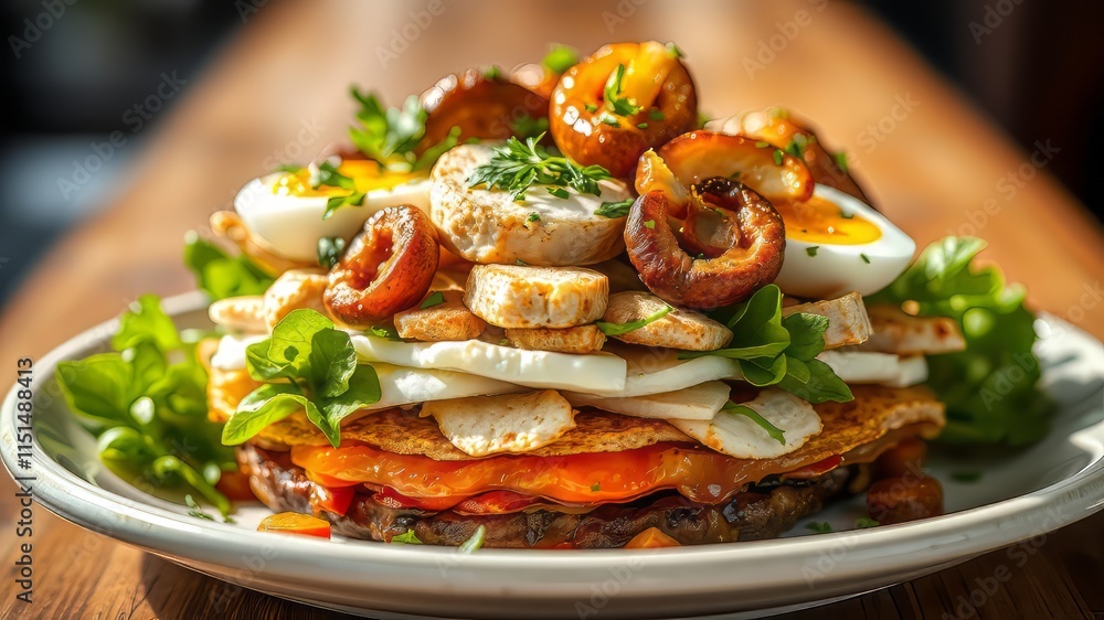 Delicious Layered Chicken Salad with Fried Mushrooms, Cheese, Eggs & Pickled Champignons - Photorealistic Food Photography Delicious Layered Chicken Salad with Fried Mushrooms, Cheese, Eggs & Pickled Champignons - Photorealistic Food Photography