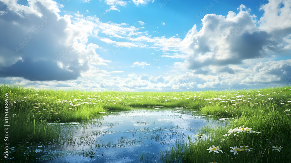 Obraz premium Serene Landscape: Picturesque Meadow, Reflecting Pond, and Sunny Sky