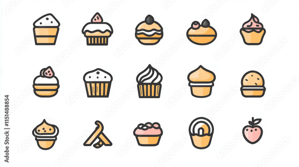 Bakery labels. Pastry and cupcakes cafe icons kitchen food bakery products vector illustrations. Bakery food emblem, product bake emblem shop Bakery labels. Pastry and cupcakes cafe icons kitchen food bakery products vector illustrations. Bakery food emblem, product bake emblem shop