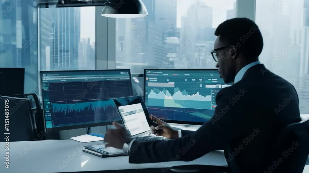 A businessman in a dark suit working on multiple monitors with financial graphs in a high-rise modern office. 4k Video footage. A businessman in a dark suit working on multiple monitors with financial graphs in a high-rise modern office. 4k Video footage.