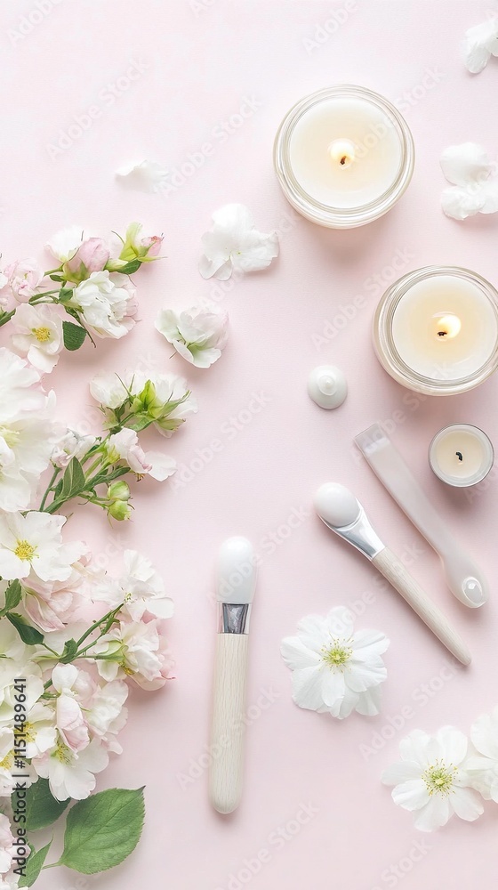 Flatlay of skincare tools, candles, and flowers on pink background. Flatlay of skincare tools, candles, and flowers on pink background.