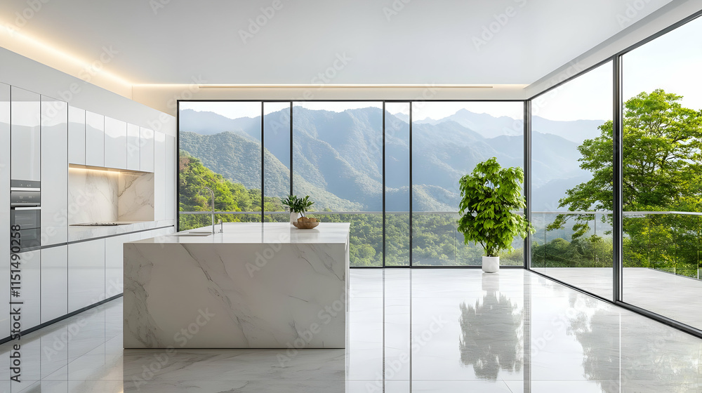 Fototapeta premium Modern Kitchen with Mountain View: Luxury Interior Design
