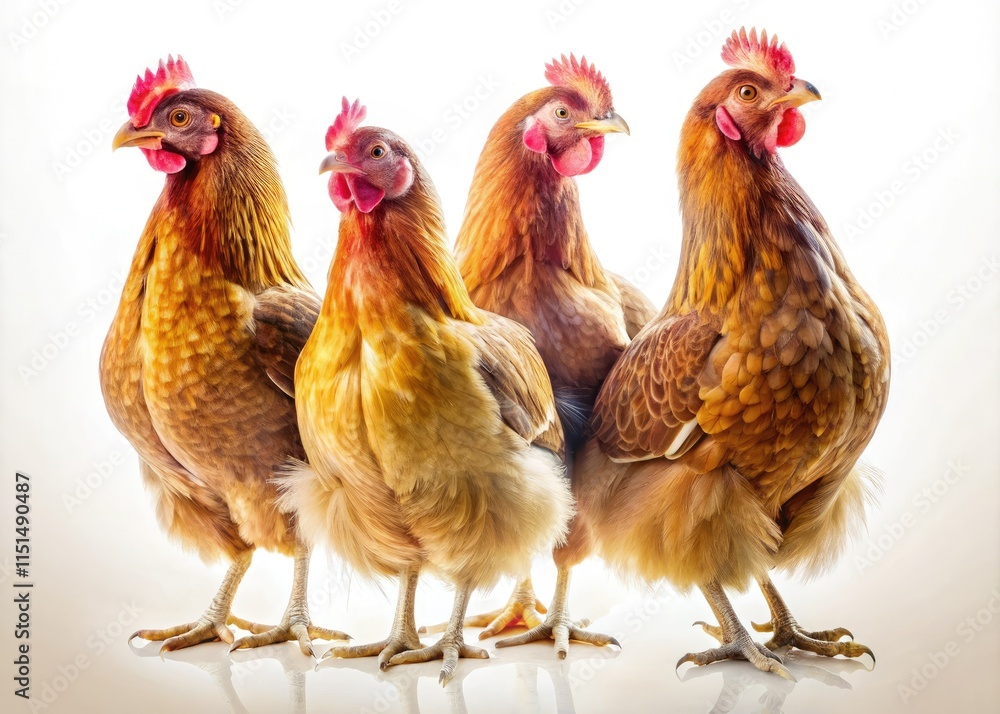 Fototapeta premium Studio shot: four Brown Sebright chickens in a captivating double exposure, set against a pristine white background.