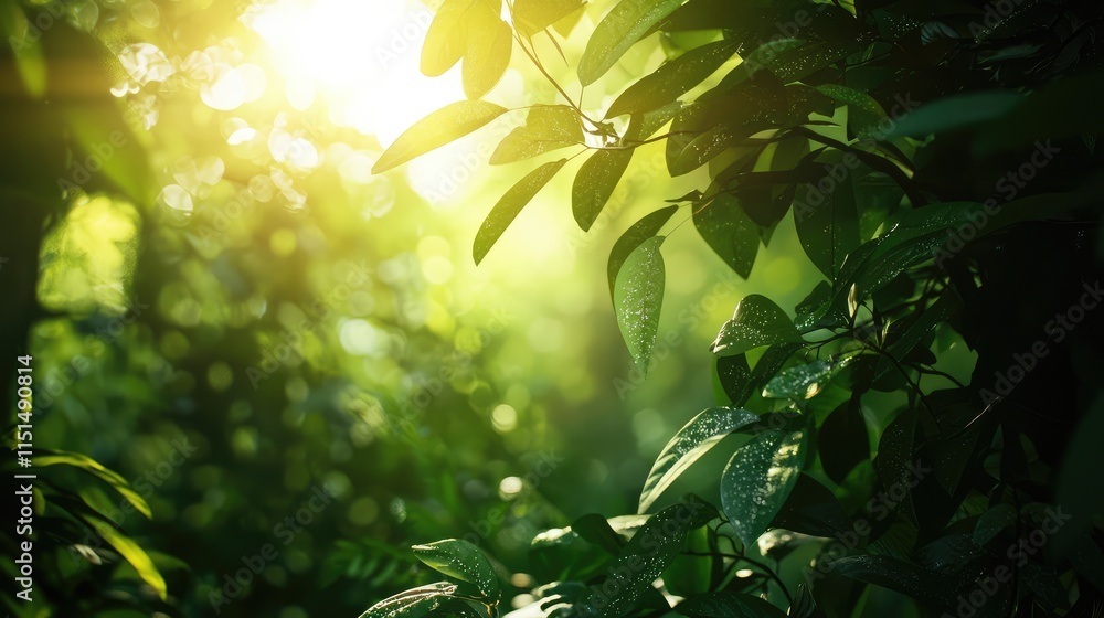 Lush green foliage illuminated by soft sunlight in a serene setting Lush green foliage illuminated by soft sunlight in a serene setting