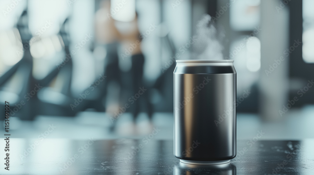 Steaming Empty Can on Stone Table in Gym with Blurred People Exercising Steaming Empty Can on Stone Table in Gym with Blurred People Exercising