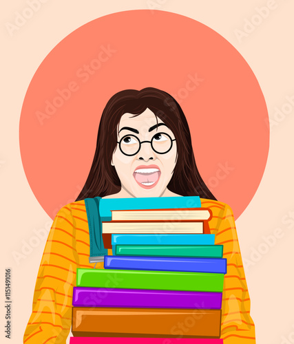 A young woman carrying a stack of books. Pile of textbooks. Education, study and literature concept. World book day. Vector illustration