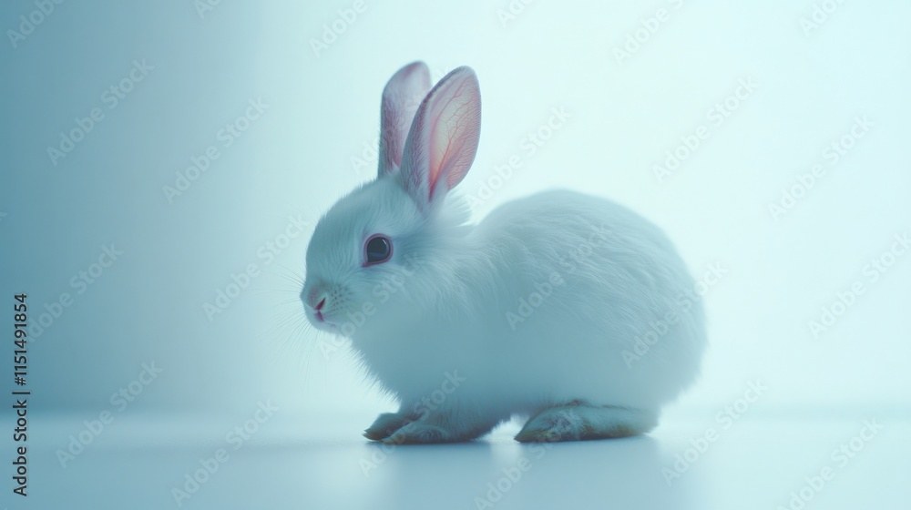 Fototapeta premium a white rabbit with pink ears sits against a light blue background
