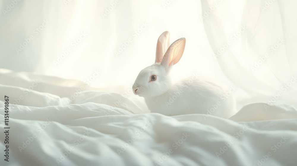 Obraz premium A white rabbit on a white blanket