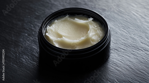Circular Hair Pomade Container in Studio Setting, Minimalist Barbershop Aesthetic, Professional Product Display