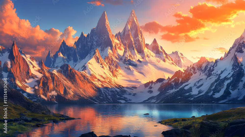 Obraz premium Majestic Sunset over Snowy Mountains and a Calm Lake