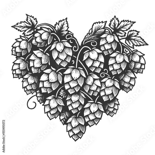 hop cones arranged in a heart shape, symbolizing brewing, beer production, and natural botanical art sketch engraving generative ai vector illustration. Scratch board imitation. Black and white image.