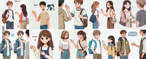 vector set of a teenager greeting a friend or neighbor with a simple flat design style