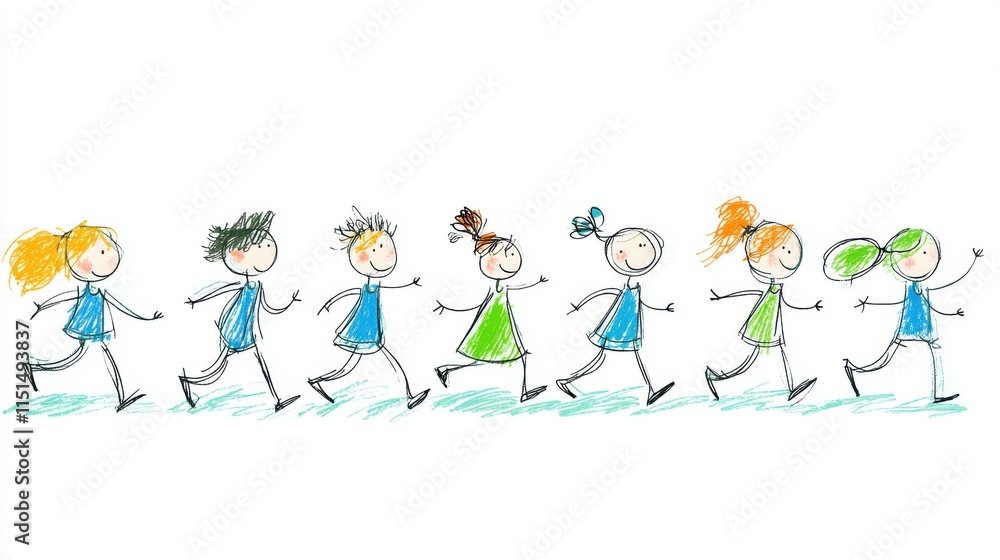 Colorful Hand-Drawn Characters of Children Running in a Line with Joyful Expressions and Playful Outfits