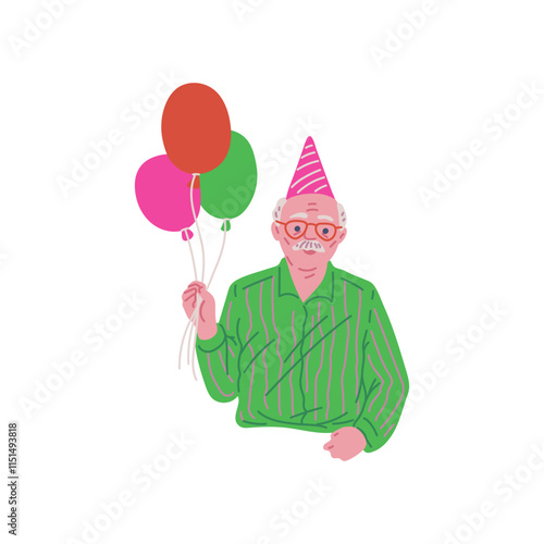 Joyful old man in festive hat with balloon, vector cartoon grandfather celebrate birthday, elderly man enjoy anniversary